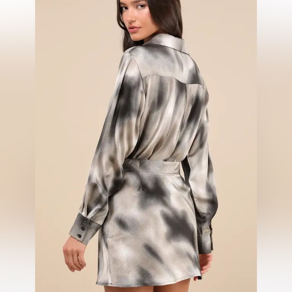 Lulus Poised Outcome Grey Multi Pinstriped Satin Set - Picture 3 of 3